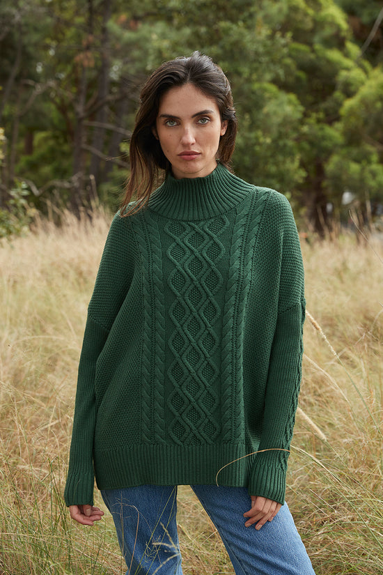 Augusta Wool Cable Sweater- Moss