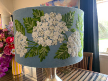 Load image into Gallery viewer, White Hydrangea on blue velvert drum lampshade 40cm
