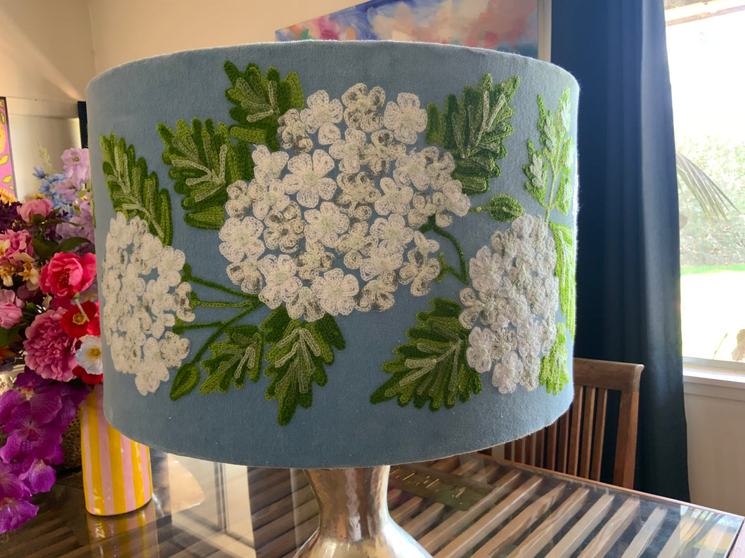 White Hydrangea on blue velvert drum lampshade 40cm