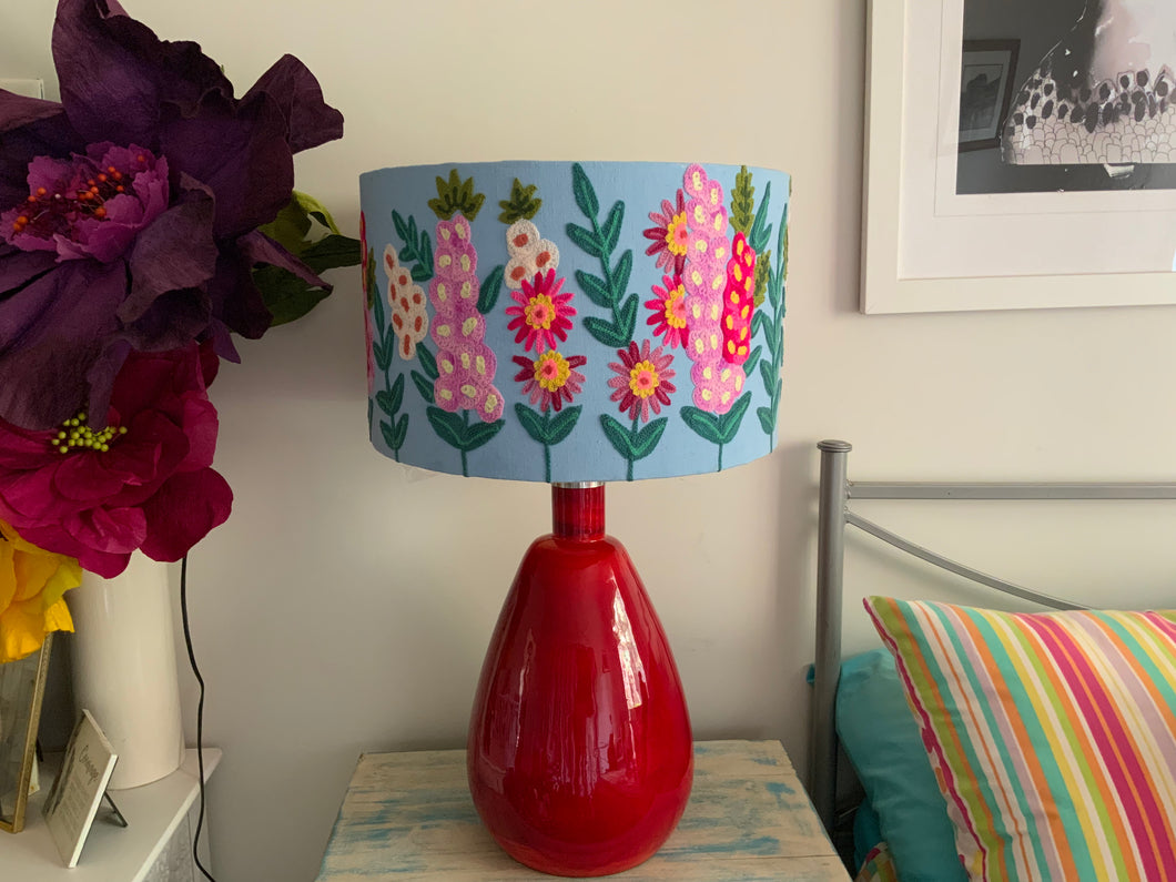 Hollyhocks embroidered drum lampshade 40cm