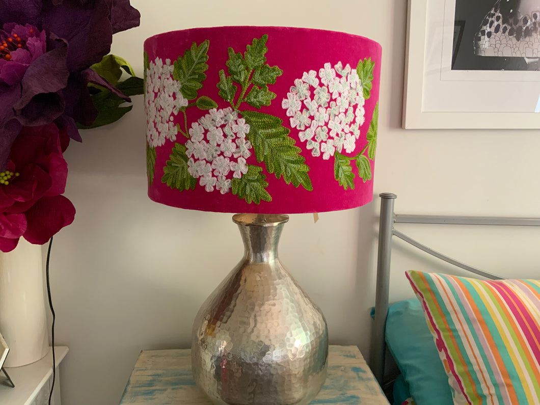 White Hydrangea on pink Velvert Drum Lampshade 40cm