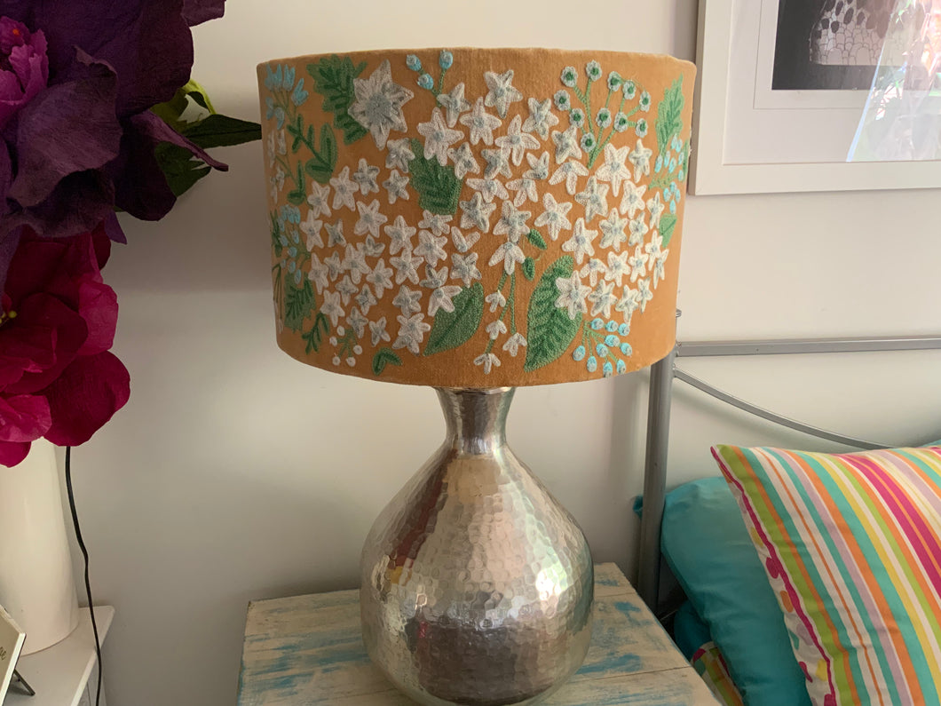 White hydrangea on neutral velvert drum lampshade 40cm