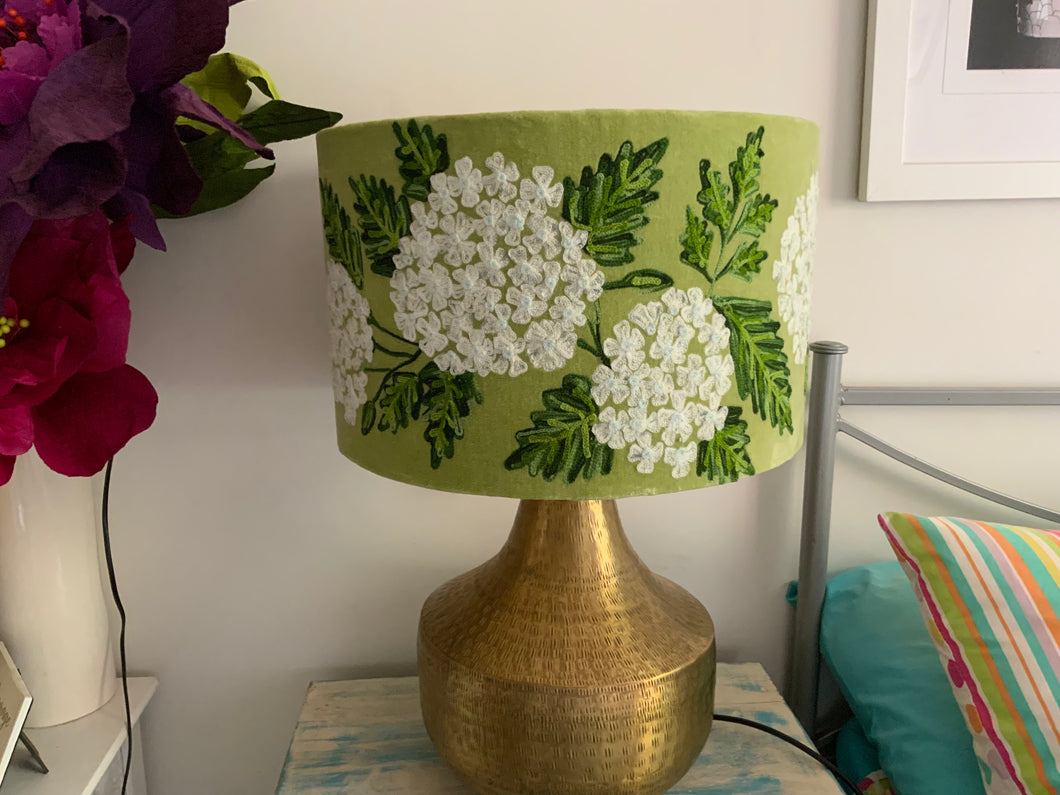 White Hydrangea on Green velvert lampshade 40cm