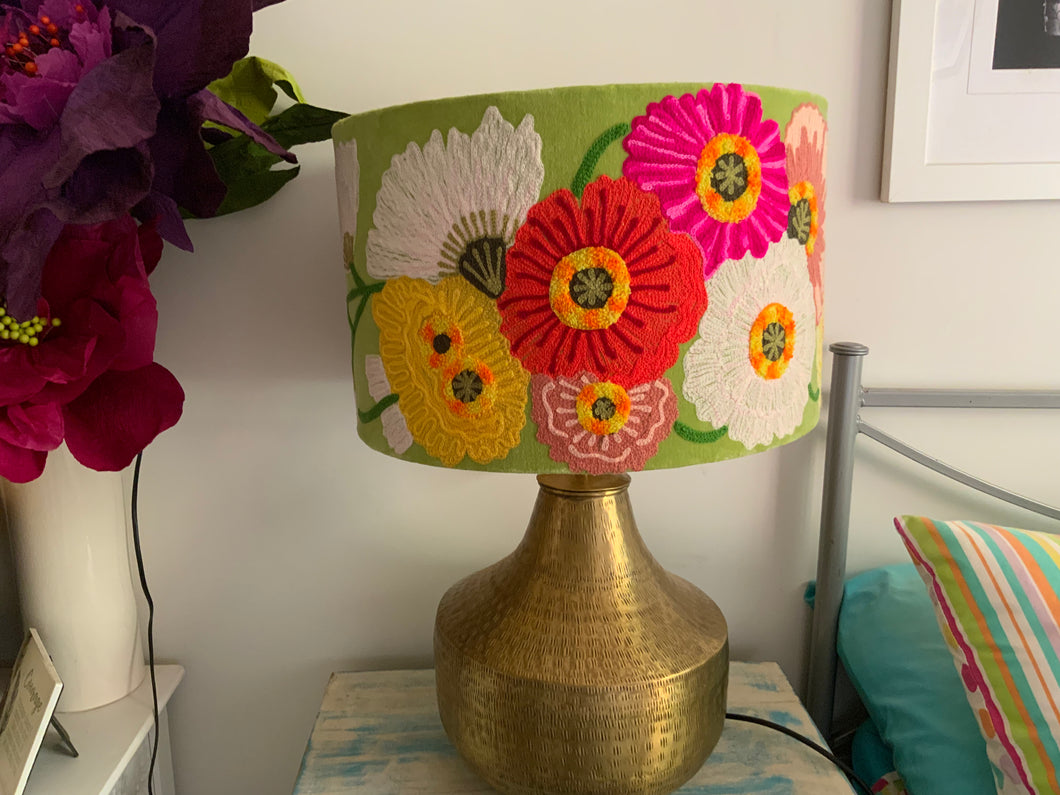 Colourful poppies on green velvert drum lampshade 40cm