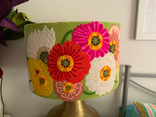 Load image into Gallery viewer, Colourful poppies on green velvert drum lampshade 40cm
