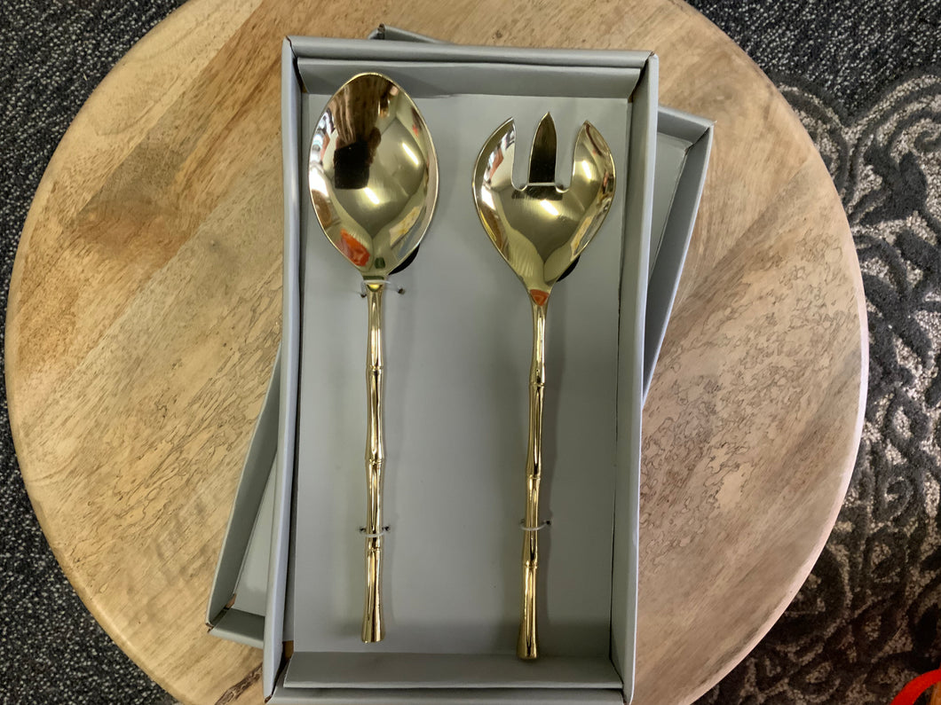 Gold bamboo salad servers