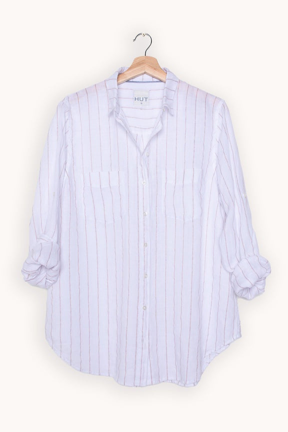 White & Gold Stripe Lurex Linen Shirt
