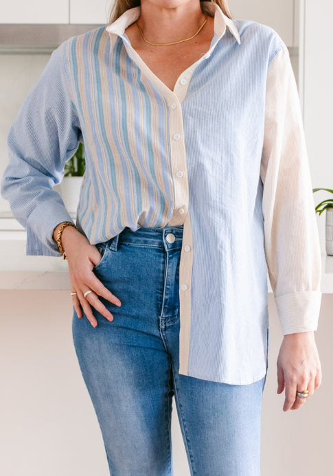 Naomi Cotton Shirt - Blue & Lemon Stripe